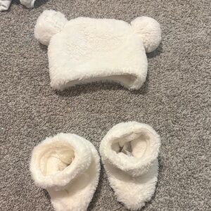 Adorable White Fuzzy Baby Hat and Booties Set